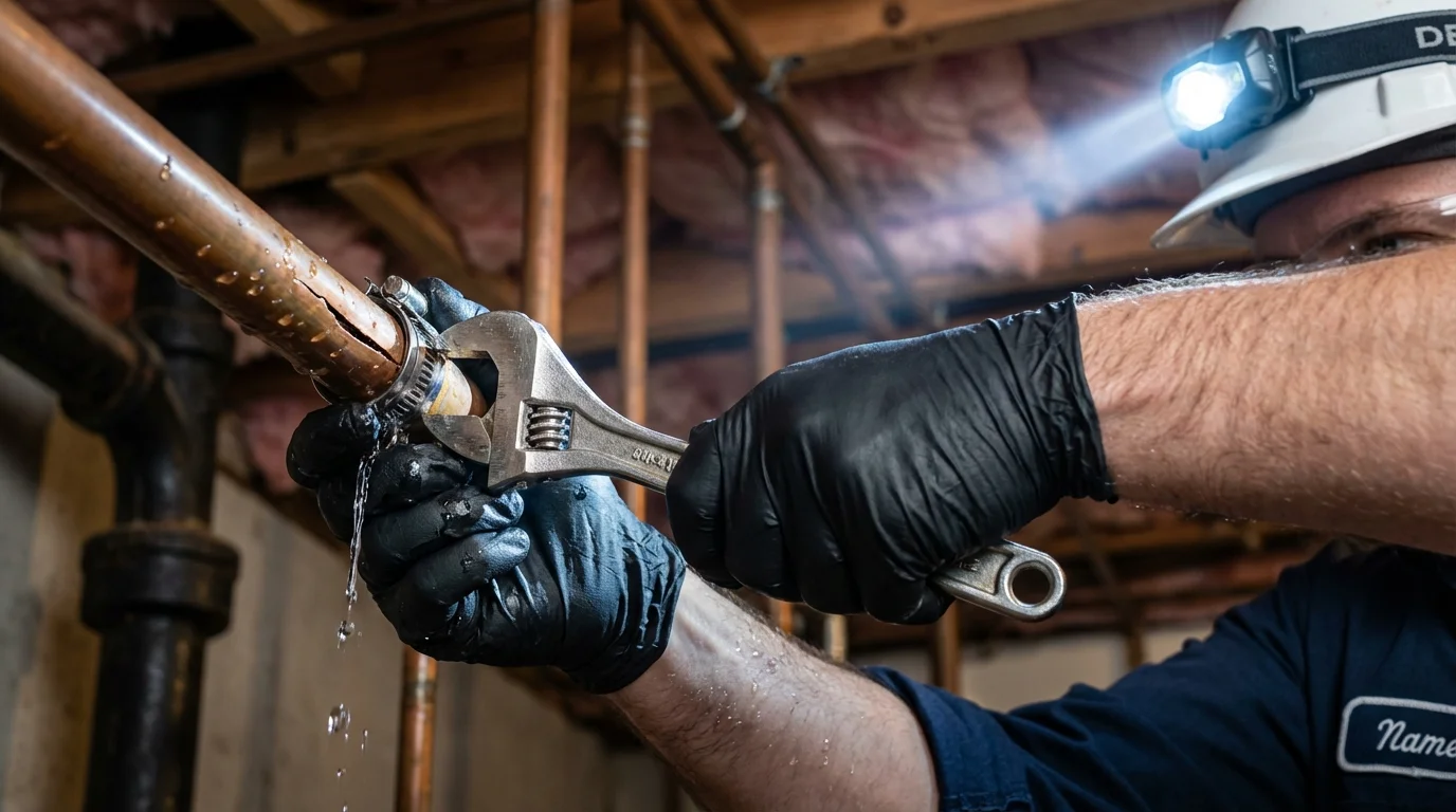 Emergency pipe clamp repair being performed by a Johns Plumbing LLC plumber in Atascadero